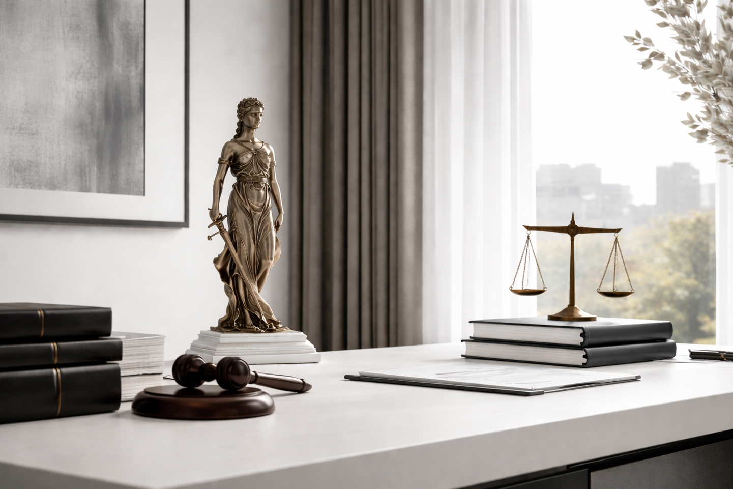 Bound documents and scales of justice on Charlotte Corporate Counsel's desk